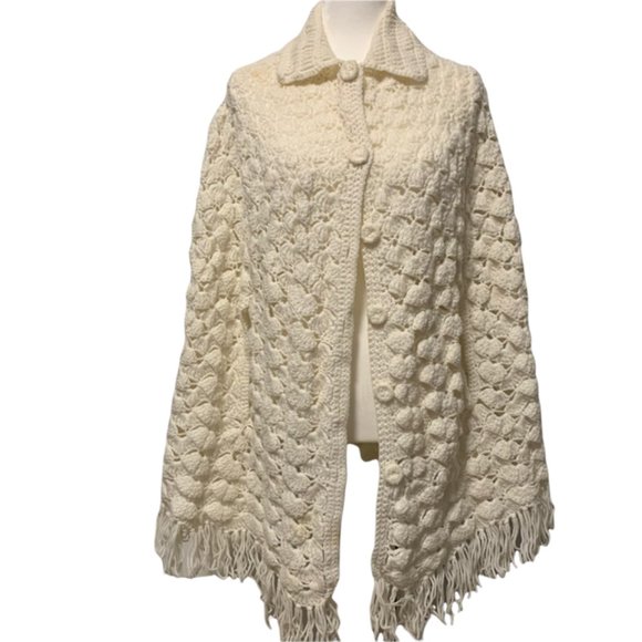 Jackets & Blazers - Vintage Hand Crocheted Shell Pattern Cape Shawl Fringe